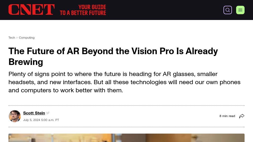 Screenshot of cnet.com: The Future of AR Beyond the Vision Pro Is Already Brewing