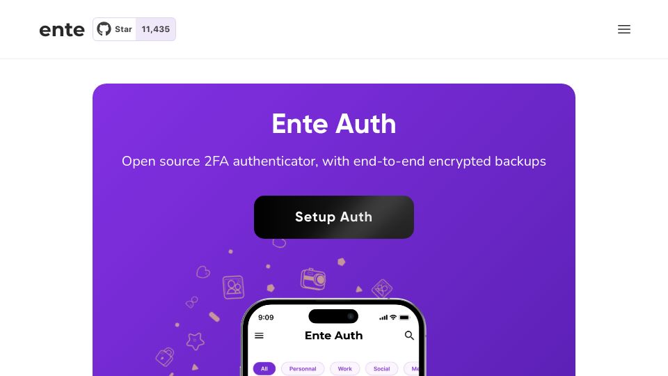 Screenshot of ente.io: Ente Auth: open-source Authy alternative for 2FA