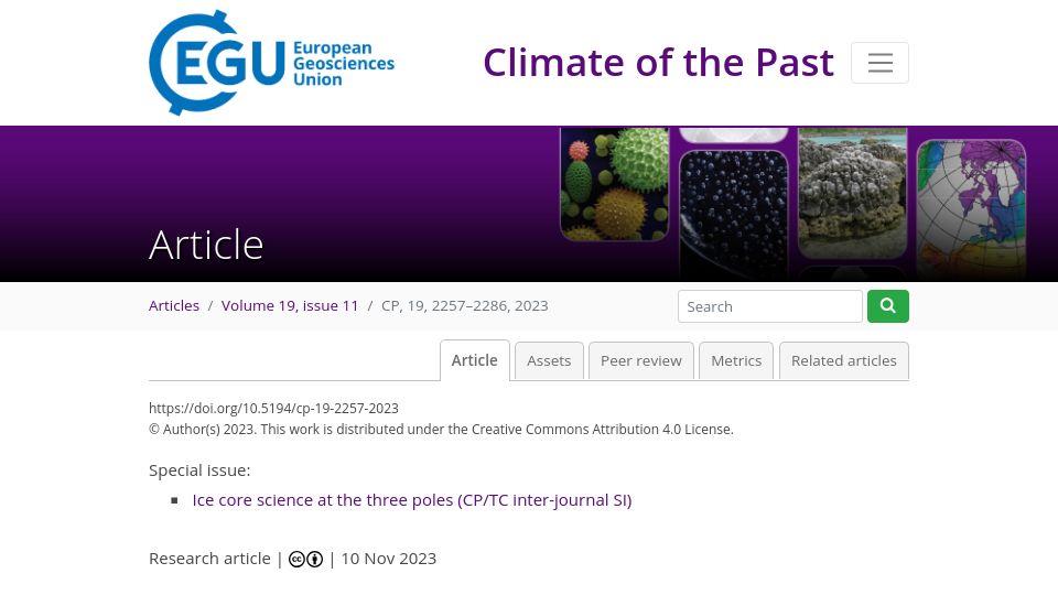 Screenshot of cp.copernicus.org: The Antarctic Ice Core Chronology 2023