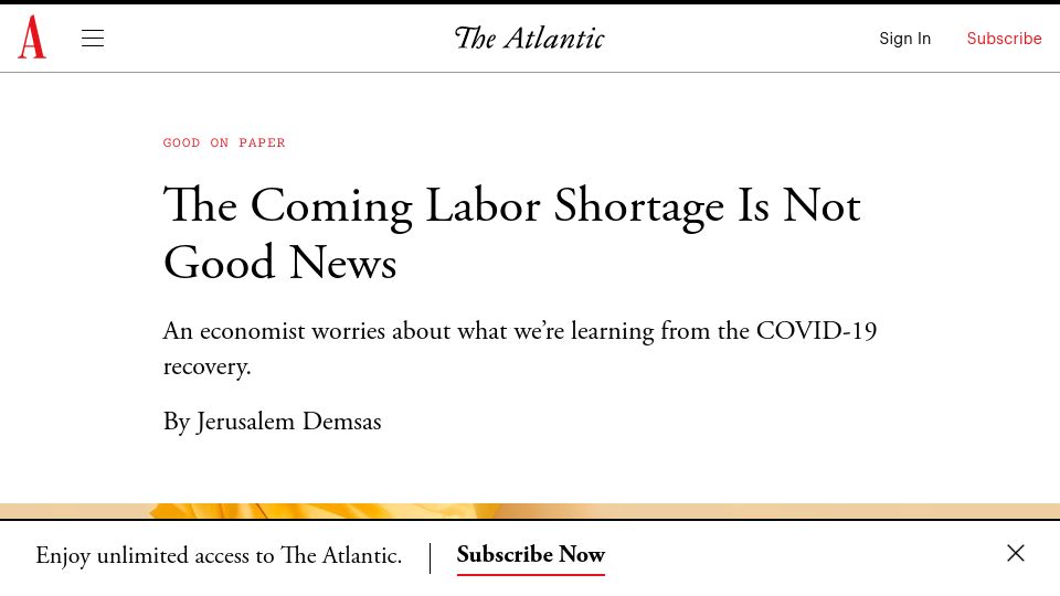 Screenshot of theatlantic.com: The Coming Labor Shortage Is Not Good News