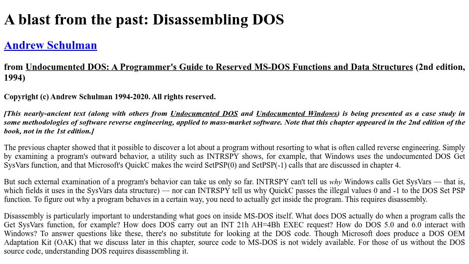 Screenshot of softwarelitigationconsulting.com: A blast from the past: Disassembling DOS (2020)