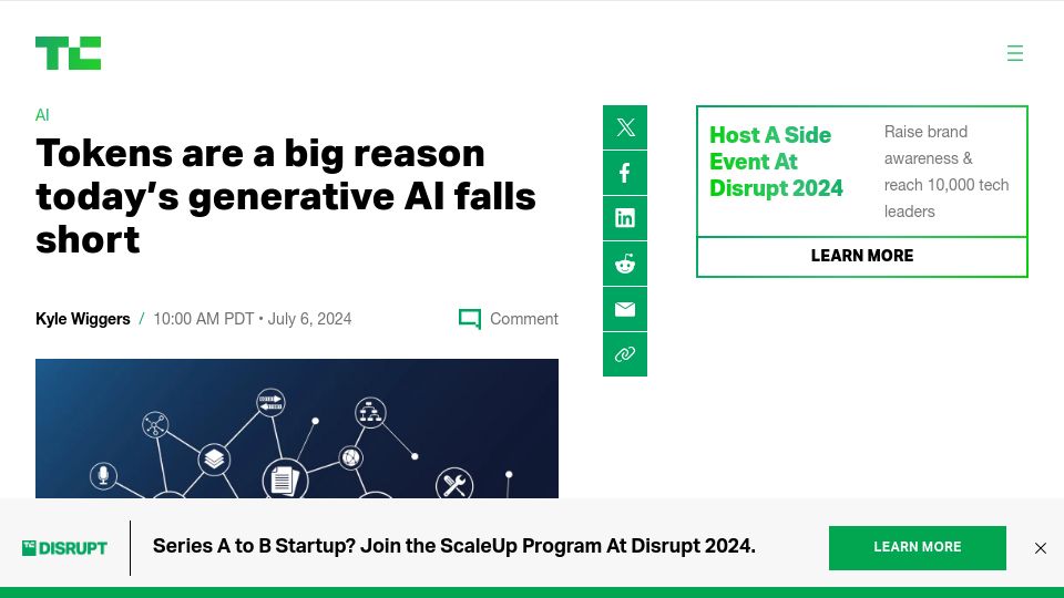 Screenshot of techcrunch.com: Tokens are a big reason today's generative AI falls short