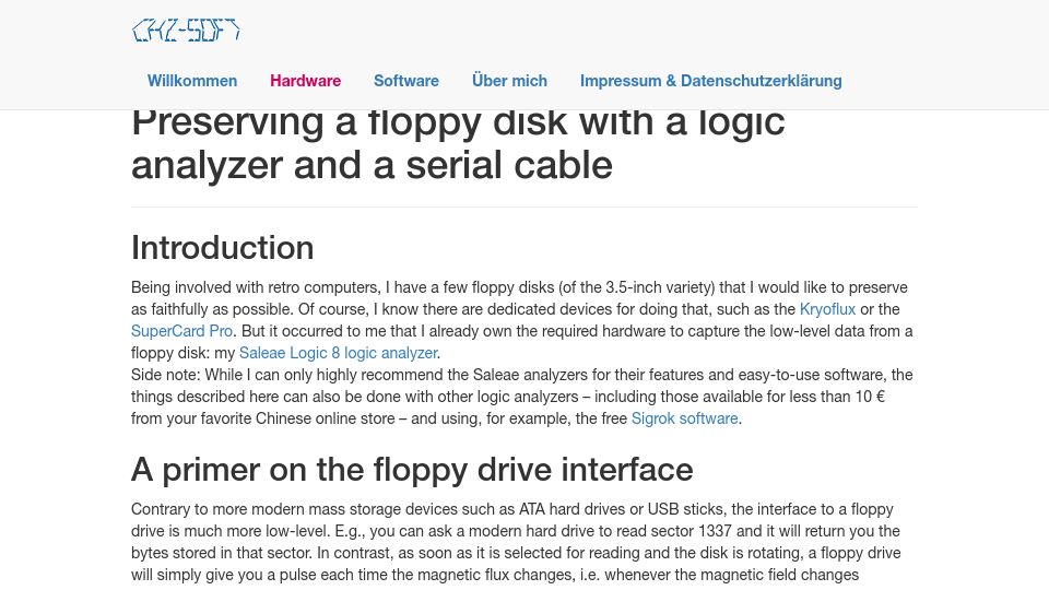 Screenshot of chzsoft.de: Preserving a floppy disk with a logic analyzer and a serial cable