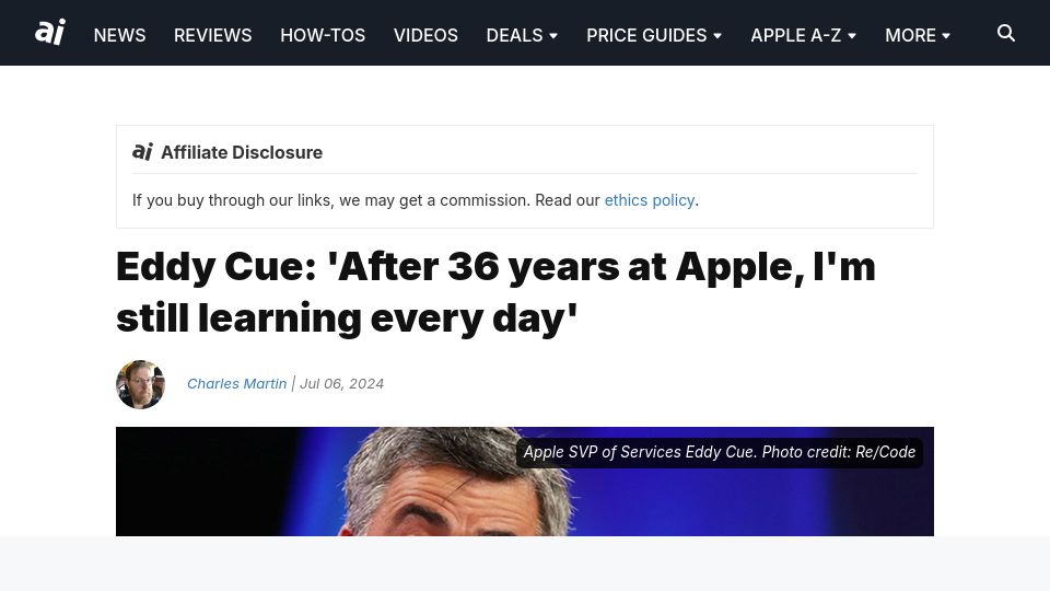 Screenshot of appleinsider.com: Eddy Cue: 'After 36 years at Apple, I'm still learning every day'