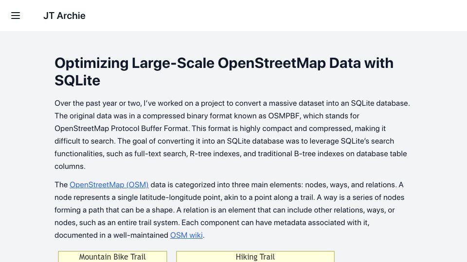 Screenshot of jtarchie.com: Optimizing Large-Scale OpenStreetMap Data with SQLite