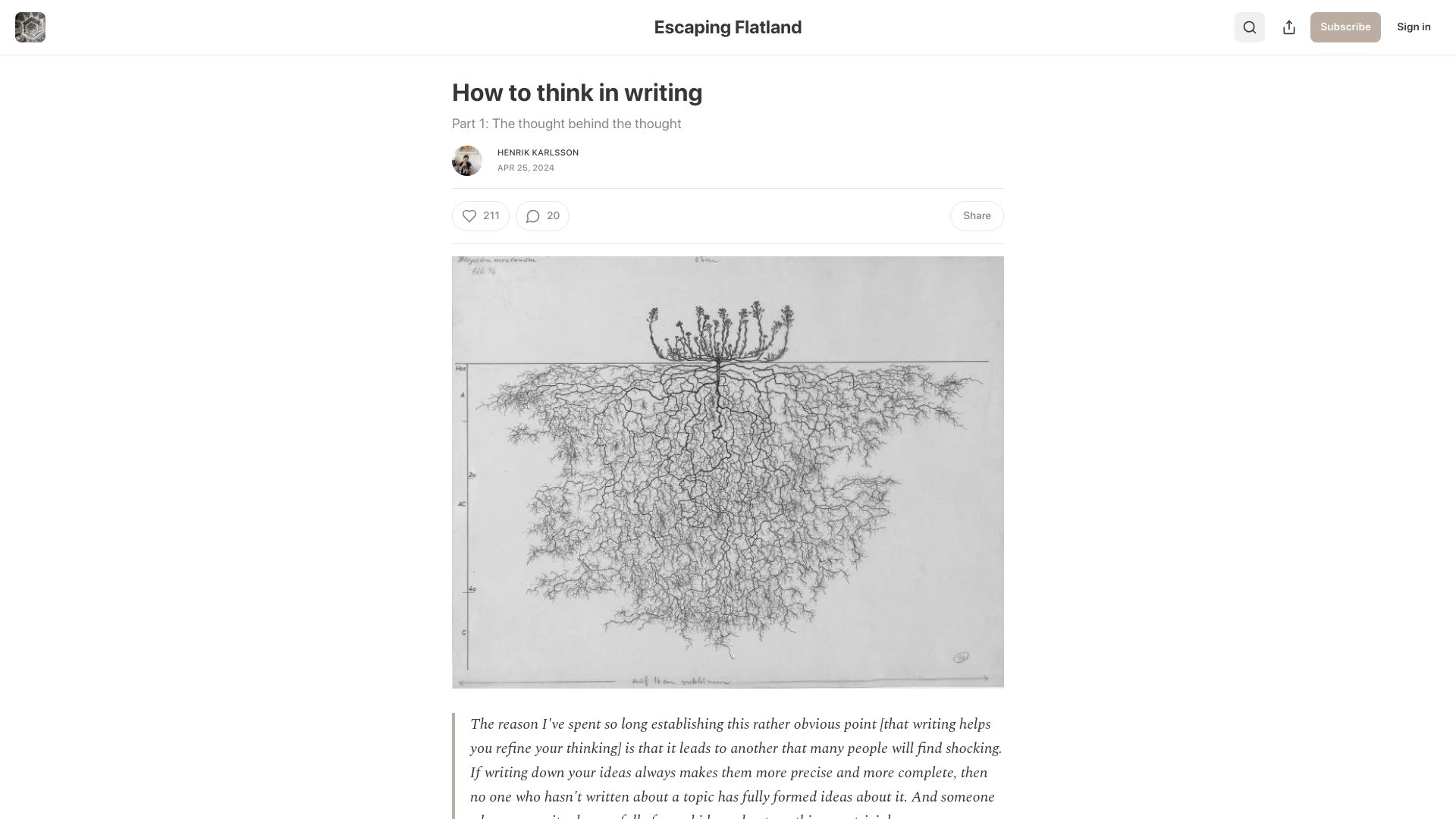 Screenshot of henrikkarlsson.xyz: How to think in writing