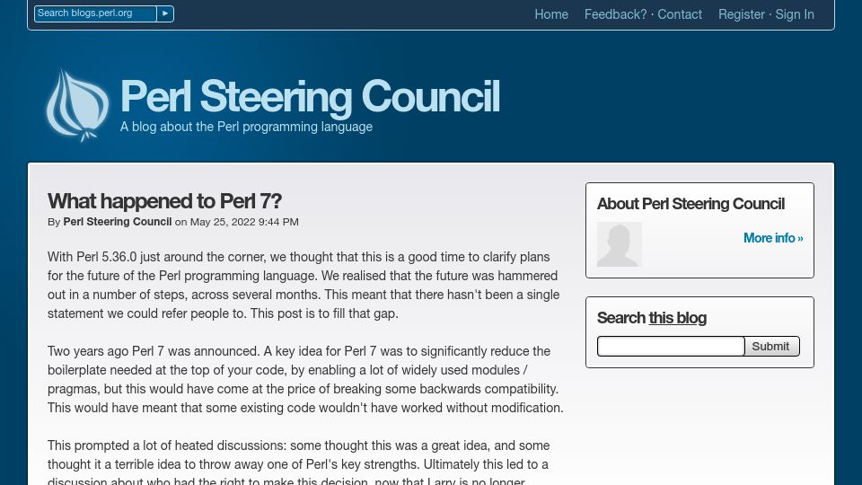 Screenshot of blogs.perl.org: What Happened to Perl 7? (2022)