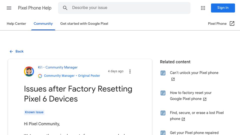 Screenshot of support.google.com: Do not factory reset your Pixel until at least 15 minutes after a system update