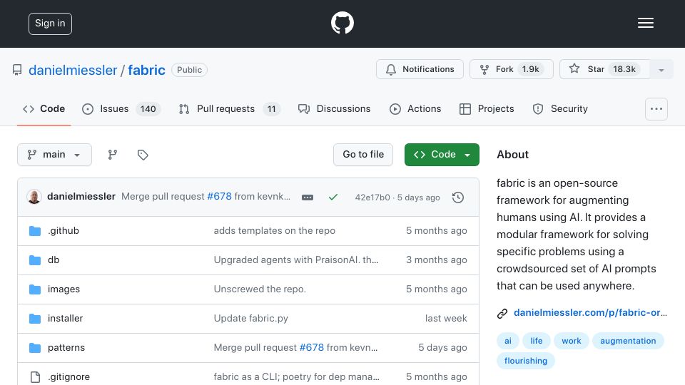 Screenshot of github.com: Fabric is an open-source framework for augmenting humans using AI