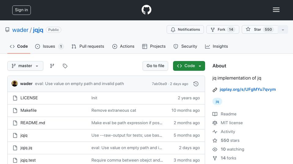 Screenshot of github.com: Jqjq: Jq Implementation of Jq