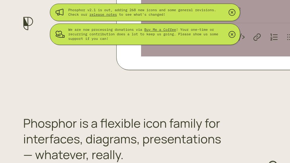 Screenshot of phosphoricons.com: Phosphor Icons