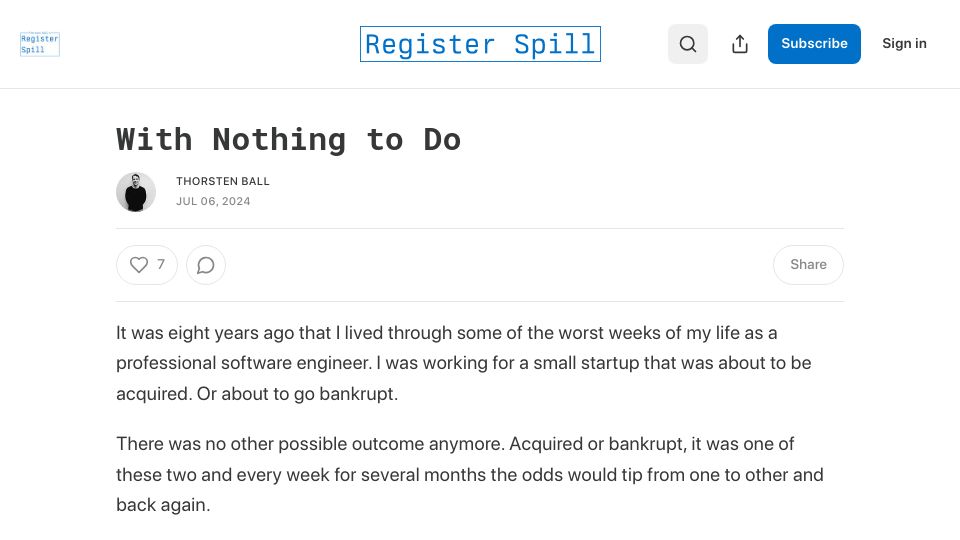 Screenshot of registerspill.thorstenball.com: With Nothing to Do