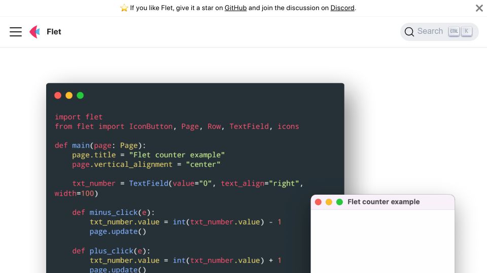 Screenshot of flet.dev: Flet – multi-platform apps in Python powered by Flutter