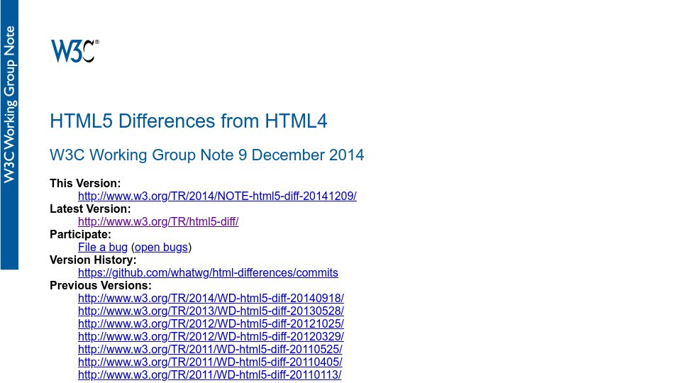 Screenshot of w3.org: HTML5 Differences from HTML4 (2014)