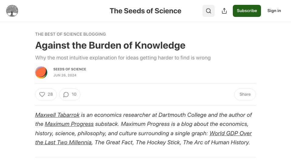 Screenshot of theseedsofscience.pub: Against the burden of knowledge