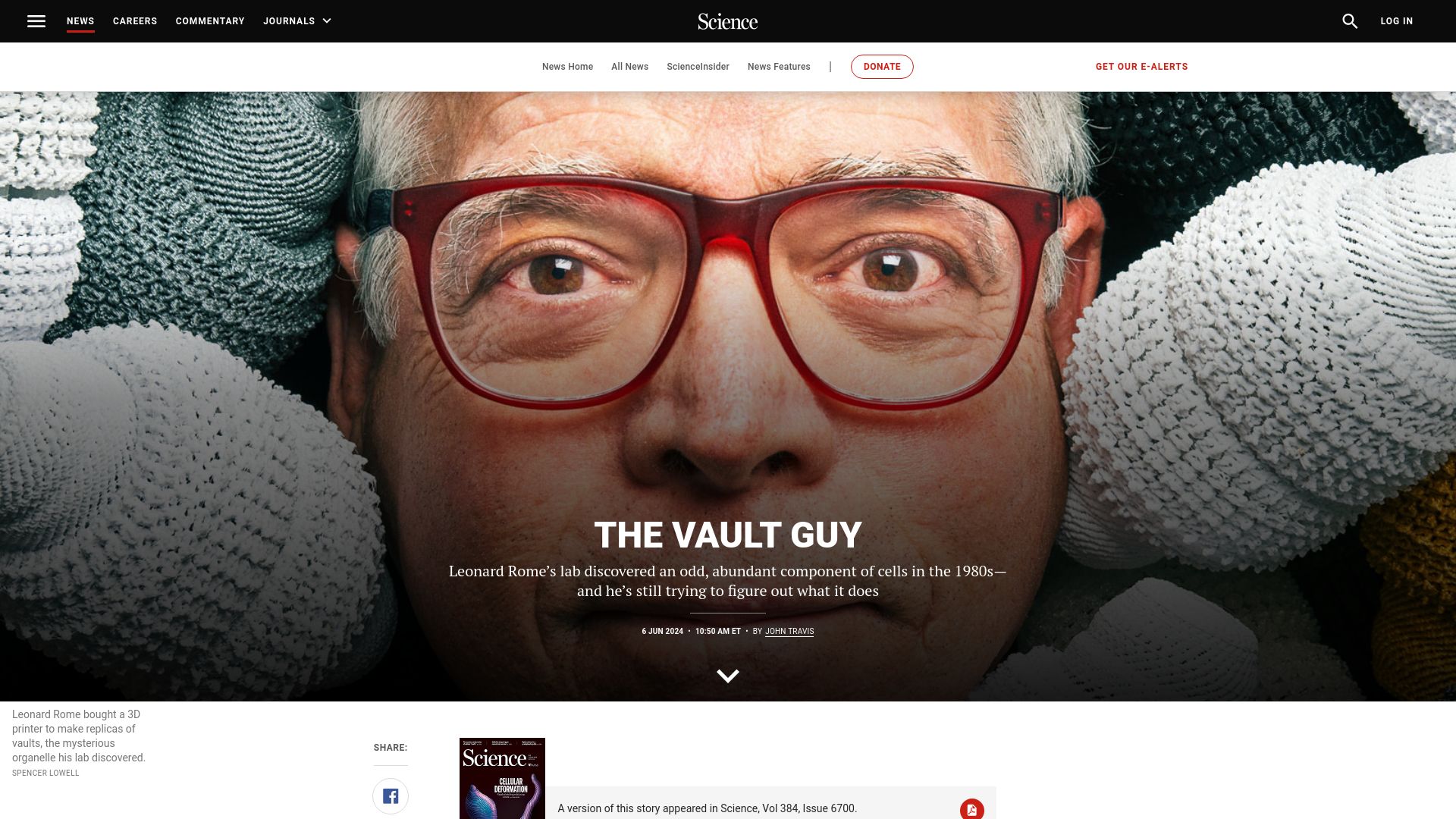 Screenshot of science.org: Leonard Rome's lab discovered an odd component of cells in the 1980s: Vaults