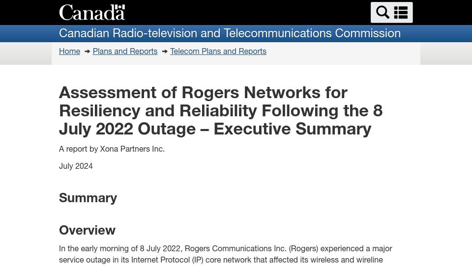 Screenshot of crtc.gc.ca: Rogers networks reliability and resiliency assessment after 2022-07-08 outage