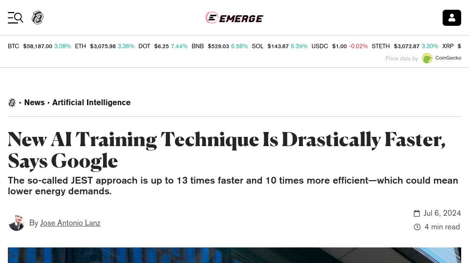Screenshot of decrypt.co: New AI Training Technique Is Drastically Faster, Says Google