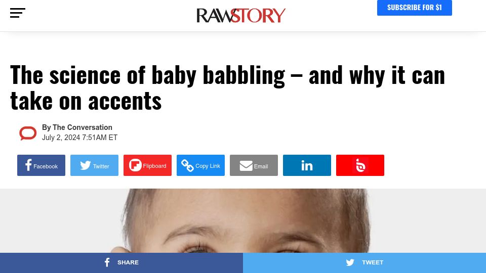 Screenshot of rawstory.com: Babies babble with acquired accents