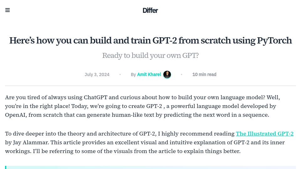 Screenshot of differ.blog: Build and train GPT-2 from scratch using PyTorch