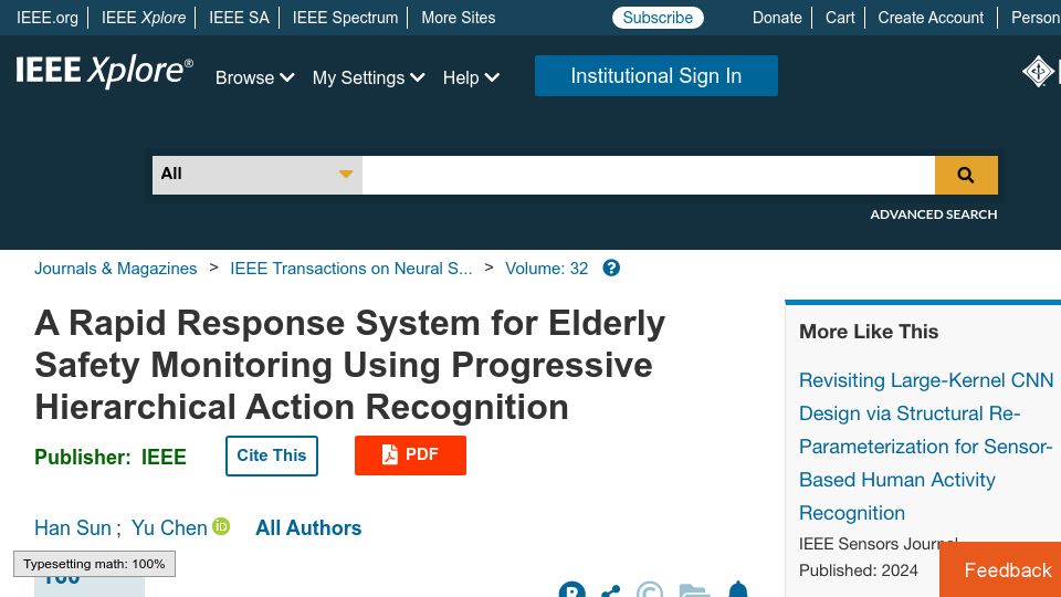 Screenshot of ieeexplore.ieee.org: A rapid response system for elderly safety monitoring