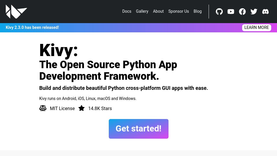 Screenshot of kivy.org: Kivy – a cross platform Python UI framework