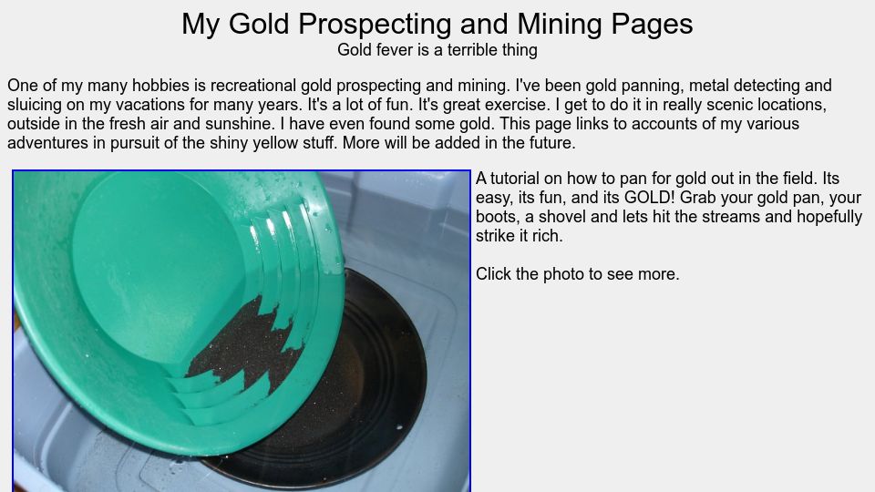 Screenshot of mdpub.com: My Gold Prospecting and Mining Pages