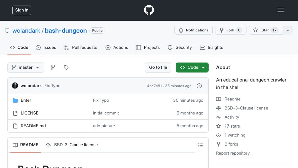 Screenshot of github.com: Show HN: Bash Dungeon – An educational dungeon crawler in the shell