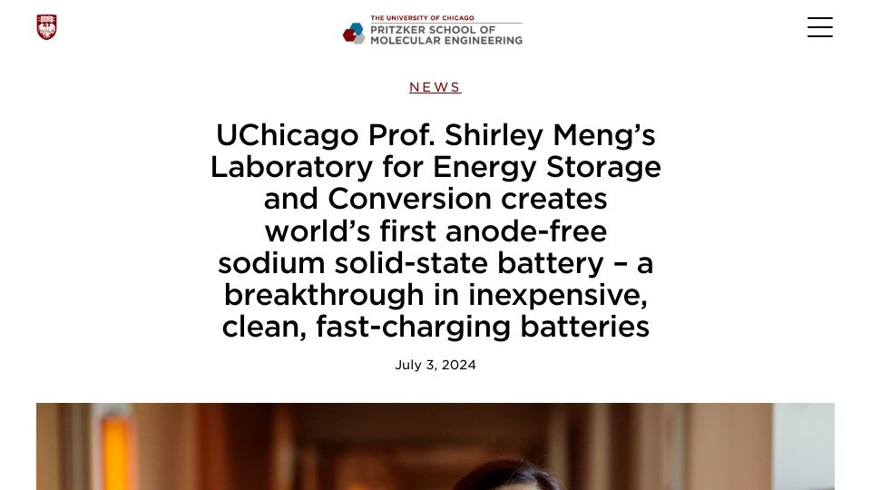 Screenshot of pme.uchicago.edu: First anode-free sodium solid-state battery