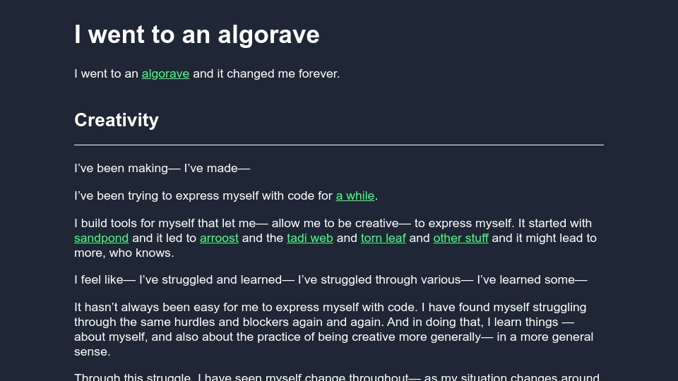 Screenshot of todepond.com: I went to an algorave