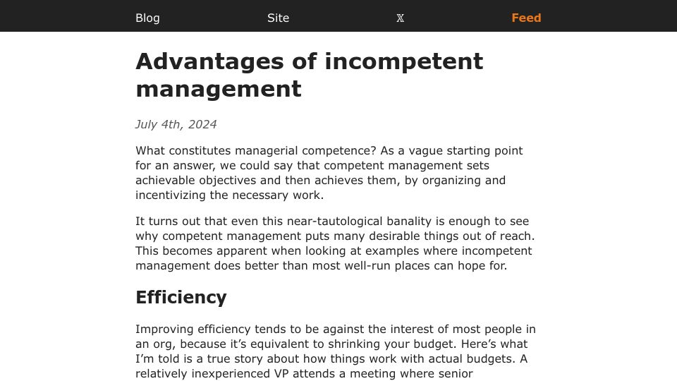 Screenshot of yosefk.com: Advantages of incompetent management