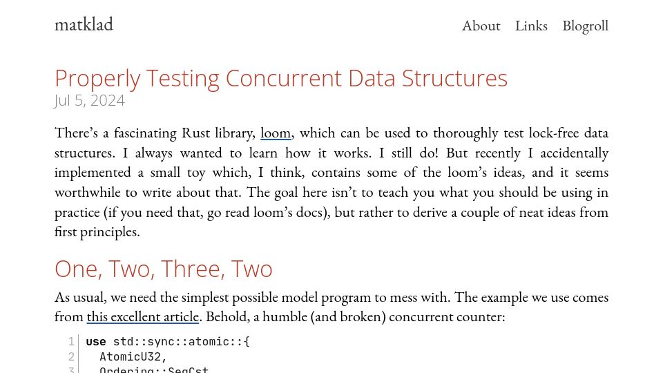 Screenshot of matklad.github.io: Properly testing concurrent data structures
