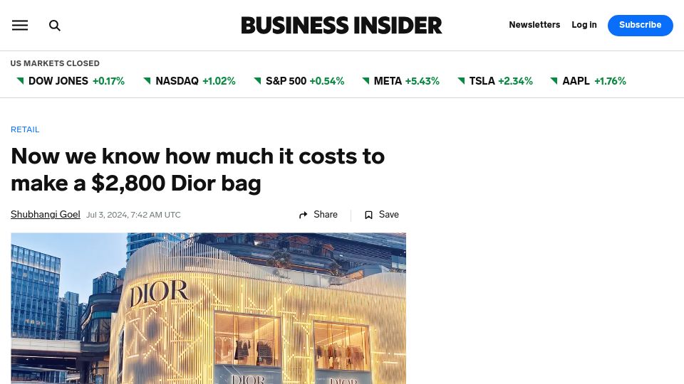 Screenshot of businessinsider.com: Italian prosecutors found Dior paid $57 to produce bags retailing for $2,780
