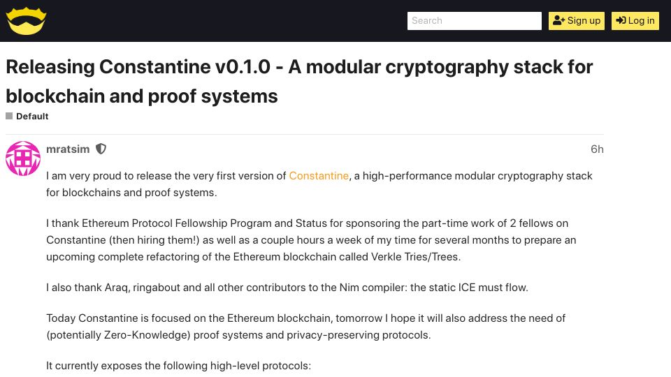 Screenshot of forum.nim-lang.org: Constantine: modular, high-performance, zero-dependency cryptography stack