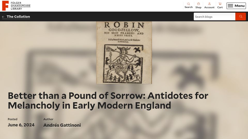 Screenshot of folger.edu: Antidotes for Melancholy in Early Modern England