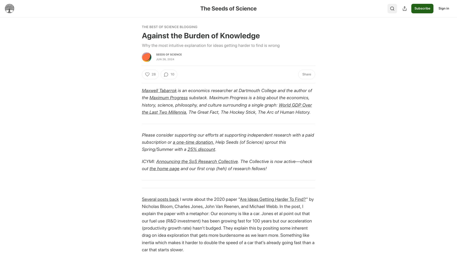 Screenshot of theseedsofscience.pub: Against the burden of knowledge