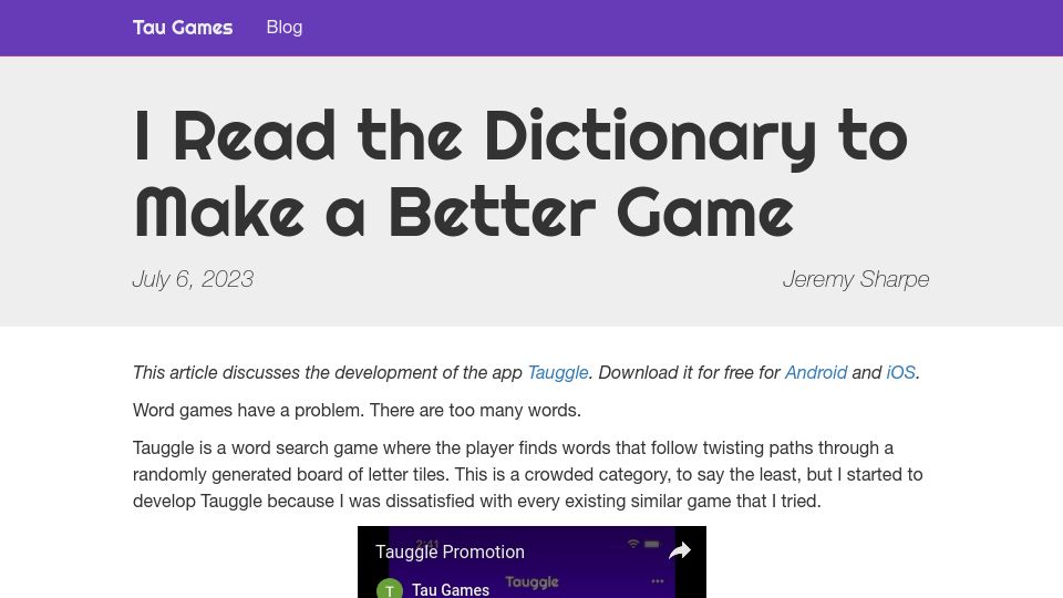 Screenshot of taugames.ca: I read the dictionary to make a better game (2023)