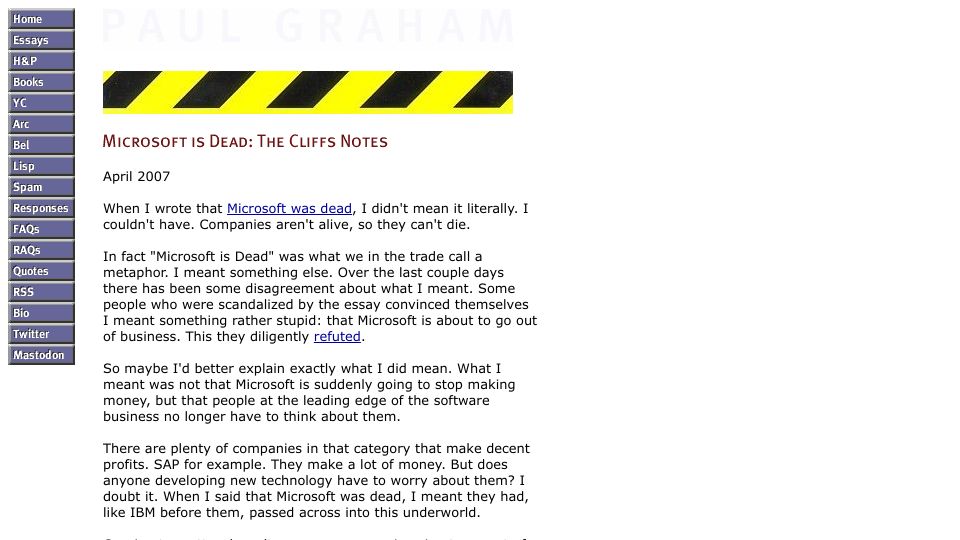 Screenshot of paulgraham.com: Microsoft Is Dead: The Cliffs Notes (2007)