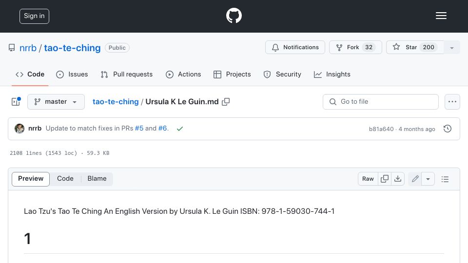 Screenshot of github.com: Tao Te Ching translated by Ursula Le Guin (1997)