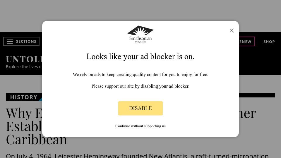 Screenshot of smithsonianmag.com: Ernest Hemingway's brother established a floating republic in the Caribbean