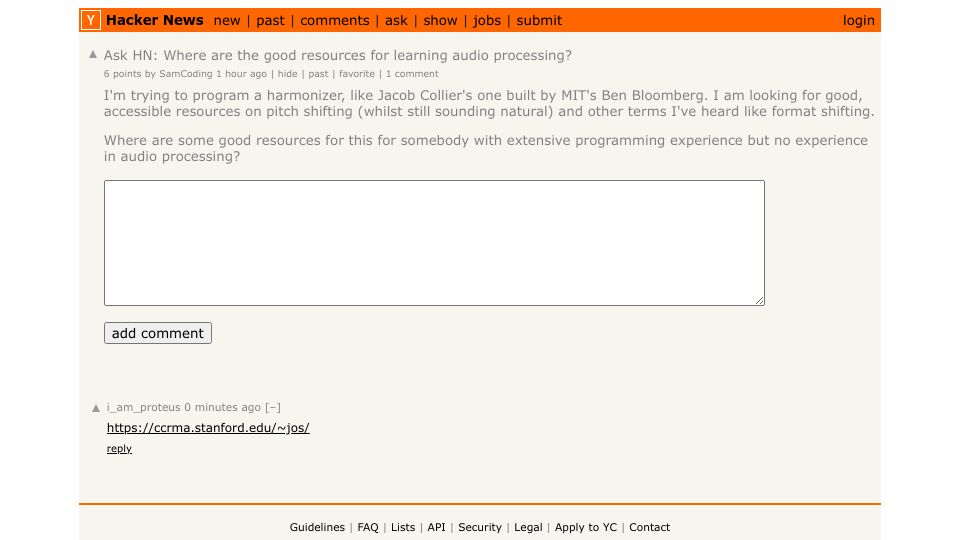 Screenshot of Hacker News post: Ask HN: Where are the good resources for learning audio processing?