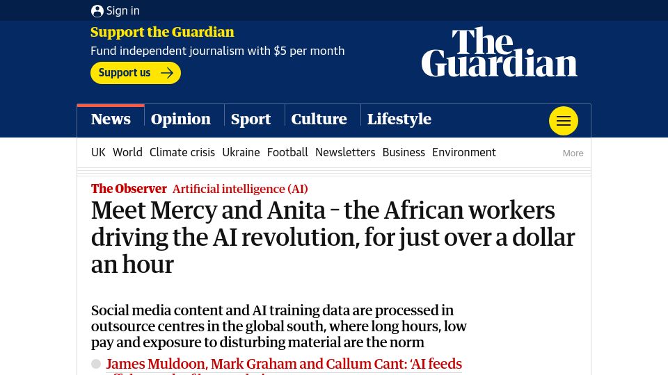 Screenshot of theguardian.com: The African workers driving the AI revolution, for about a dollar an hour