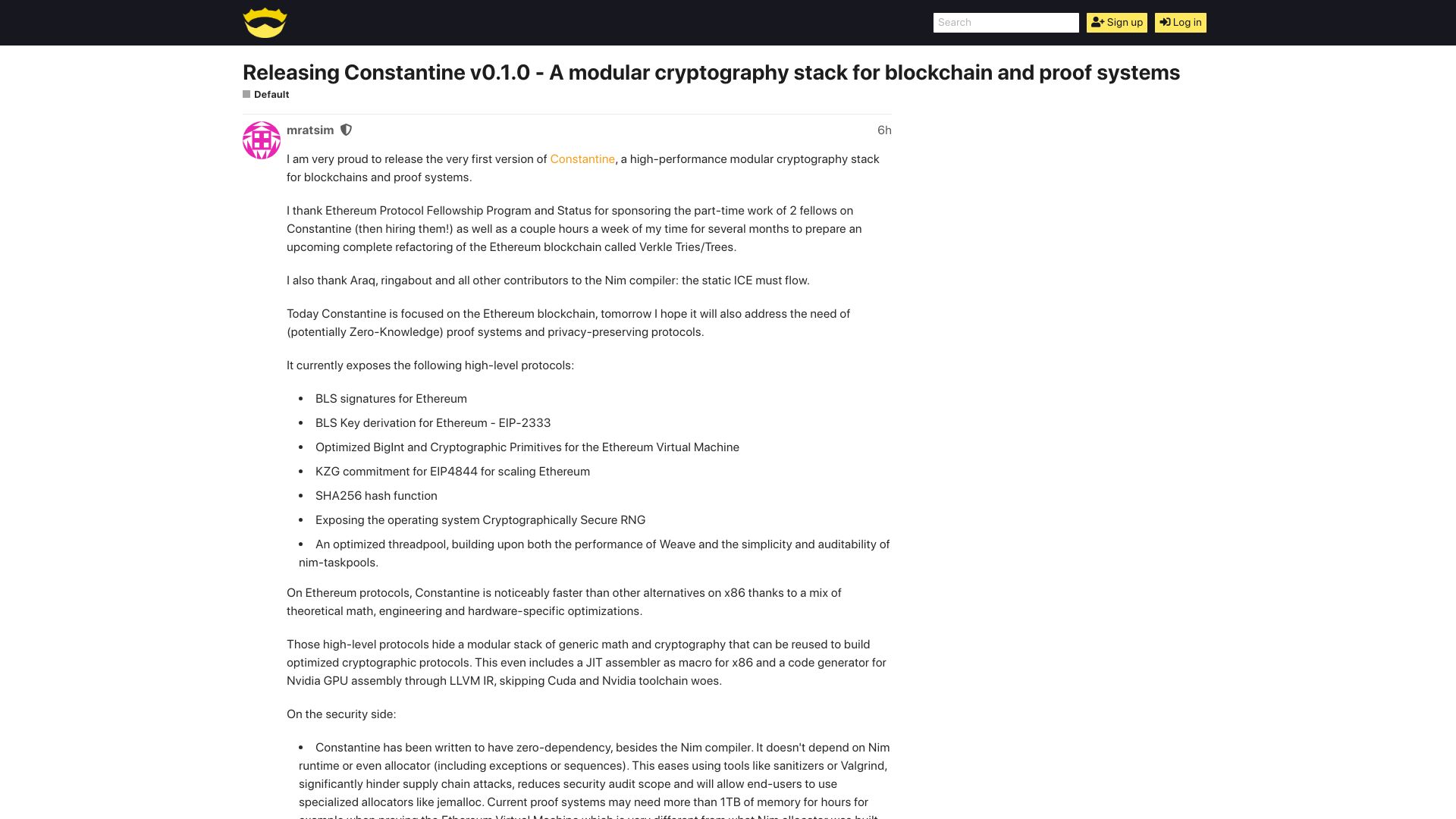 Screenshot of forum.nim-lang.org: Constantine: modular, high-performance, zero-dependency cryptography stack