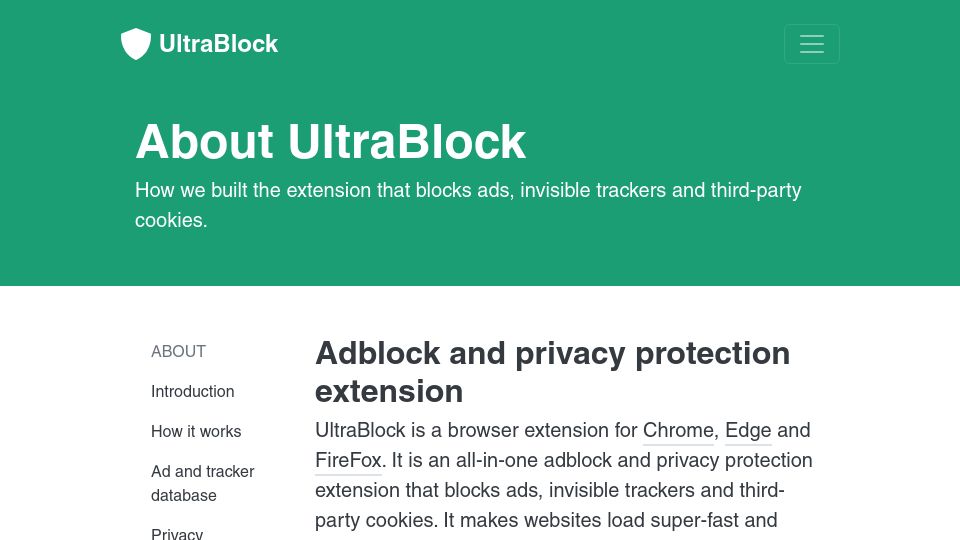 Screenshot of ultrablock.org: We built the extension that blocks ads, trackers and third-party cookies