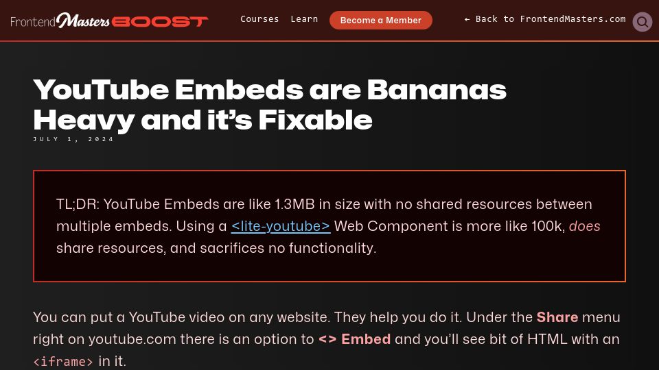 Screenshot of frontendmasters.com: YouTube embeds are heavy and it’s fixable