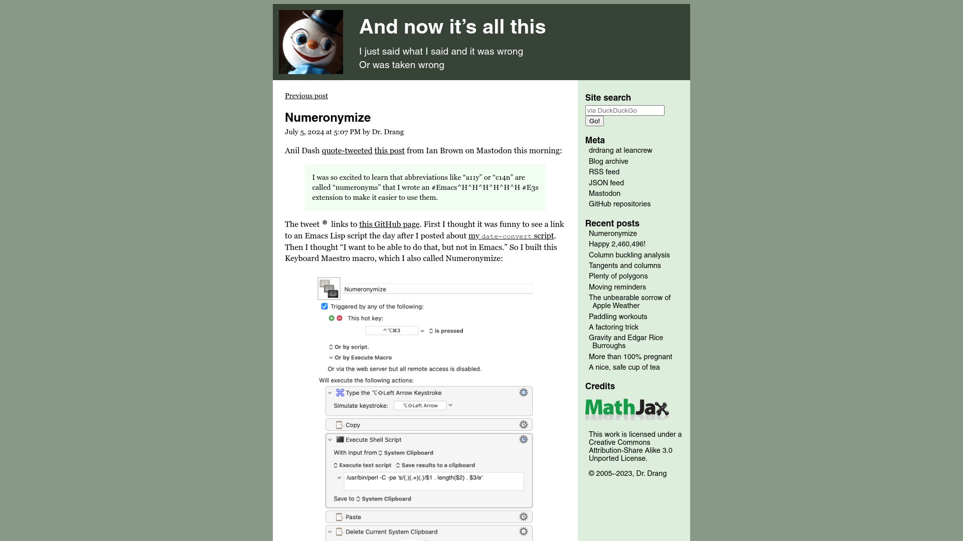 Screenshot of leancrew.com: Numeronymize