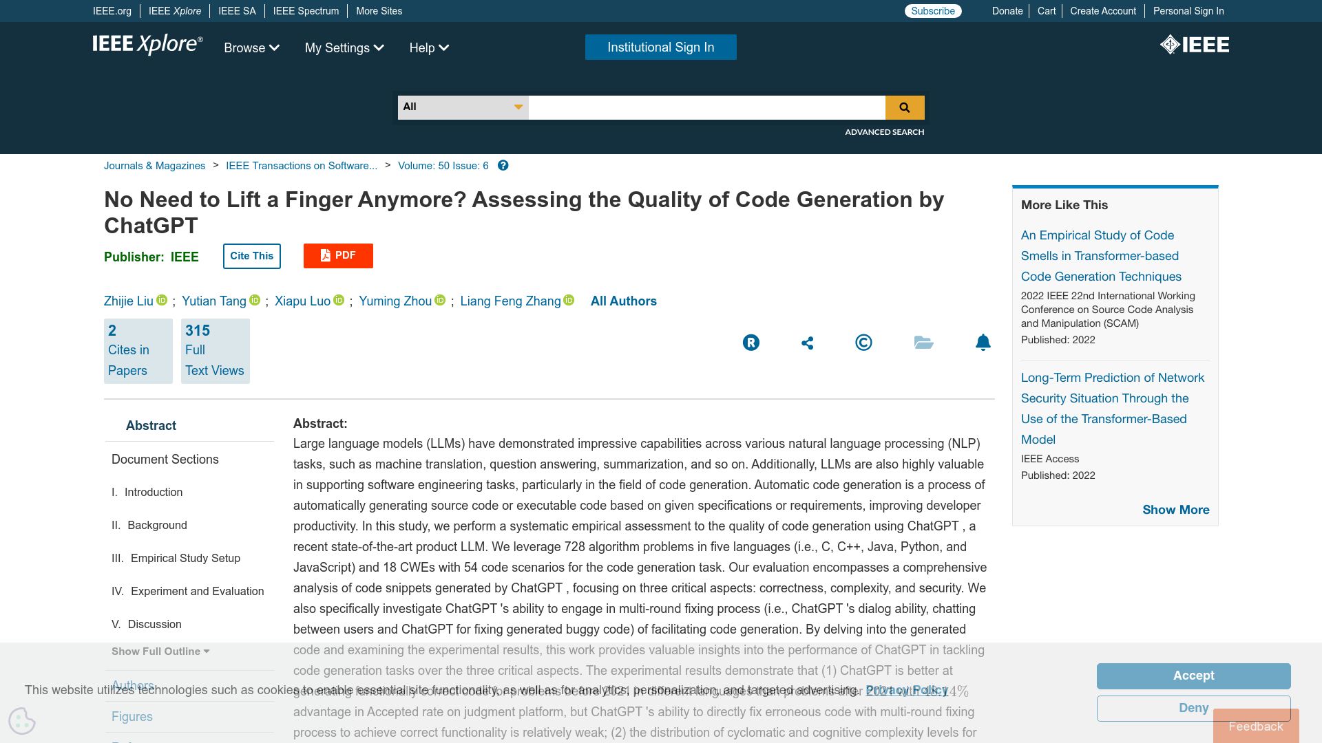 Screenshot of ieeexplore.ieee.org: ChatGPT is better at generating code for problems written before 2021