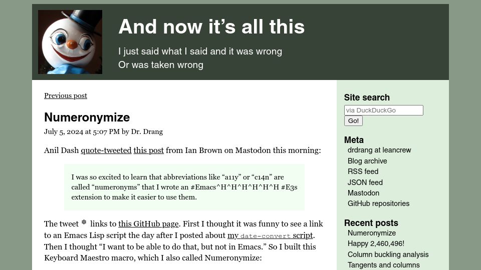 Screenshot of leancrew.com: Numeronymize