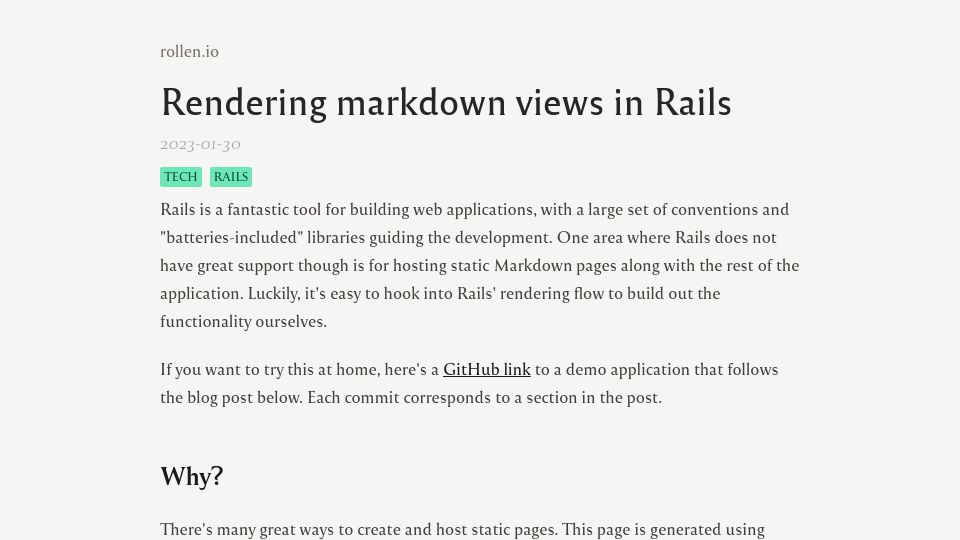 Screenshot of rollen.io: Rendering Markdown Views in Rails