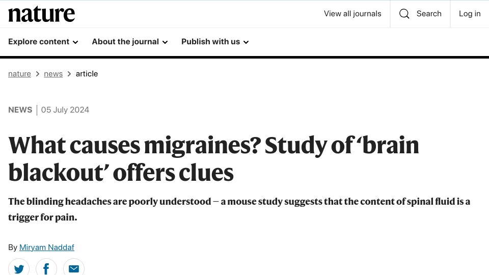 Screenshot of nature.com: What causes migraines? Study of 'brain blackout' offers clues